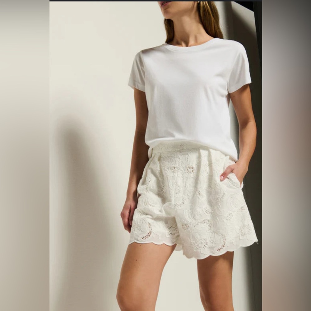 Nation LTD White Eyelet Lace Bermuda Shorts with Scalloped Hem